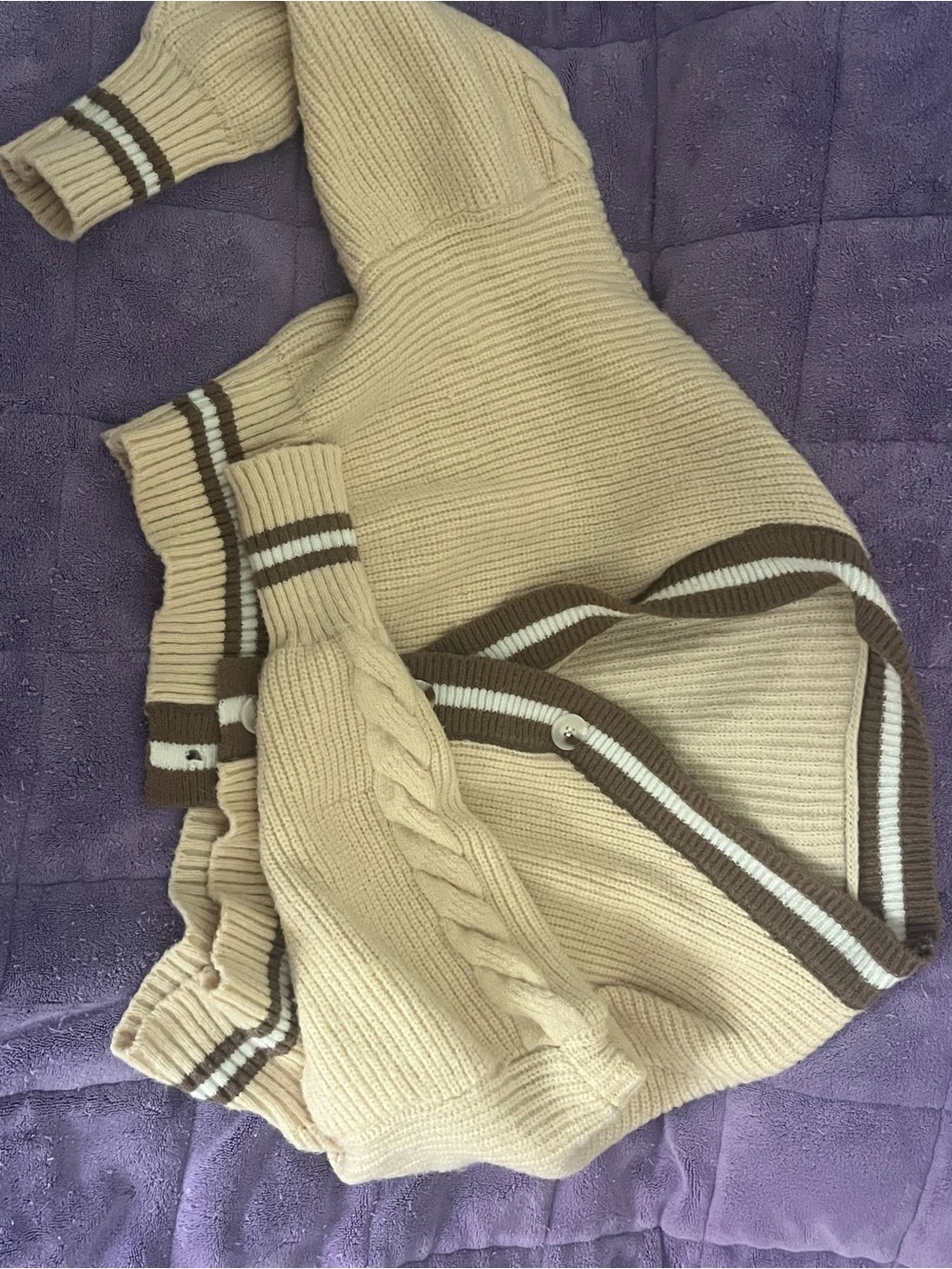 Source Unknown Cream Cardigan with Brown & White Trim
